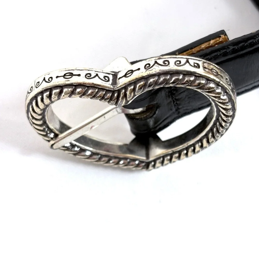 Brighton Belt Black Croc Embossed Leather Heart Buckle Ornate Silver XL B40023